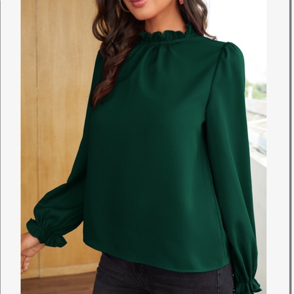 Boho Green Ruffle Frill Sleeve Office Work Top Blouse - Picture 4 of 15